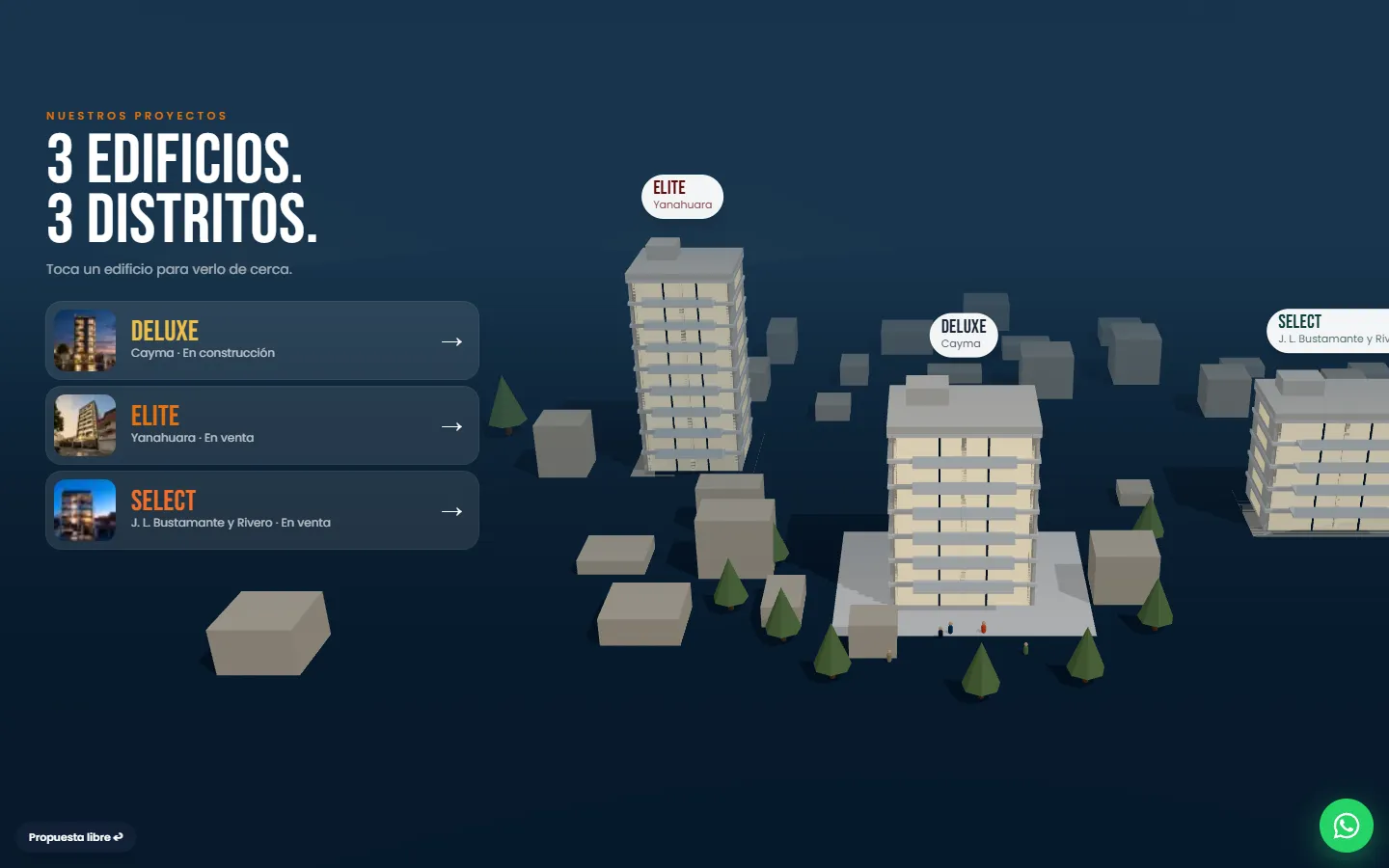 Ciudad 3D de noche con los tres edificios de Magistral