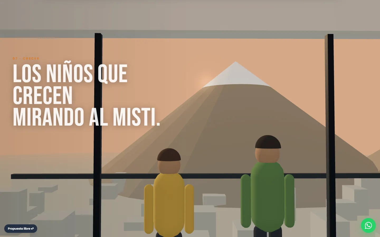 Escena 3D de dos niños mirando el volcán Misti por la ventana